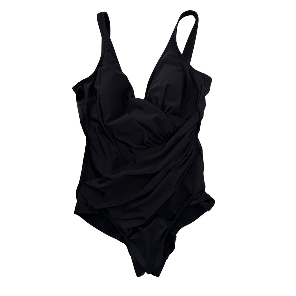 Miraclesuit Womens Black Surplice Wrap Draped One Piece Swimsuit 81188 Size 14